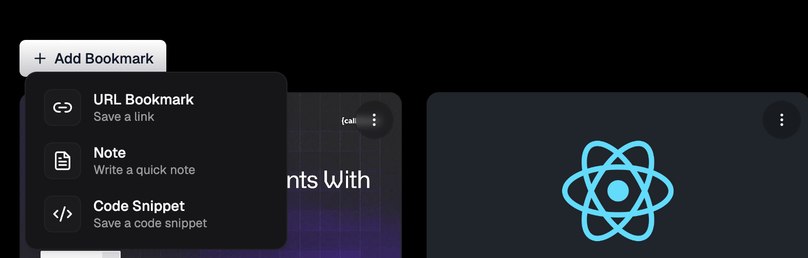 The Add Bookmark menu and the Add URL dialog in DevStash